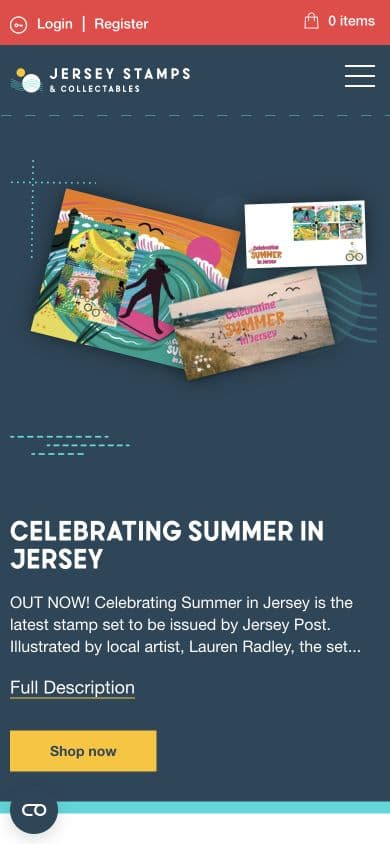 Jersey Stamps ecommerce homepage on mobile
